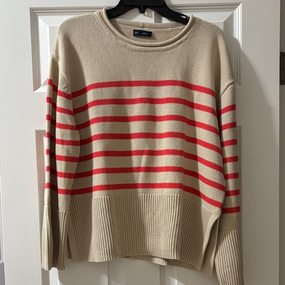GAP Beige and Red Striped Crewneck Sweater